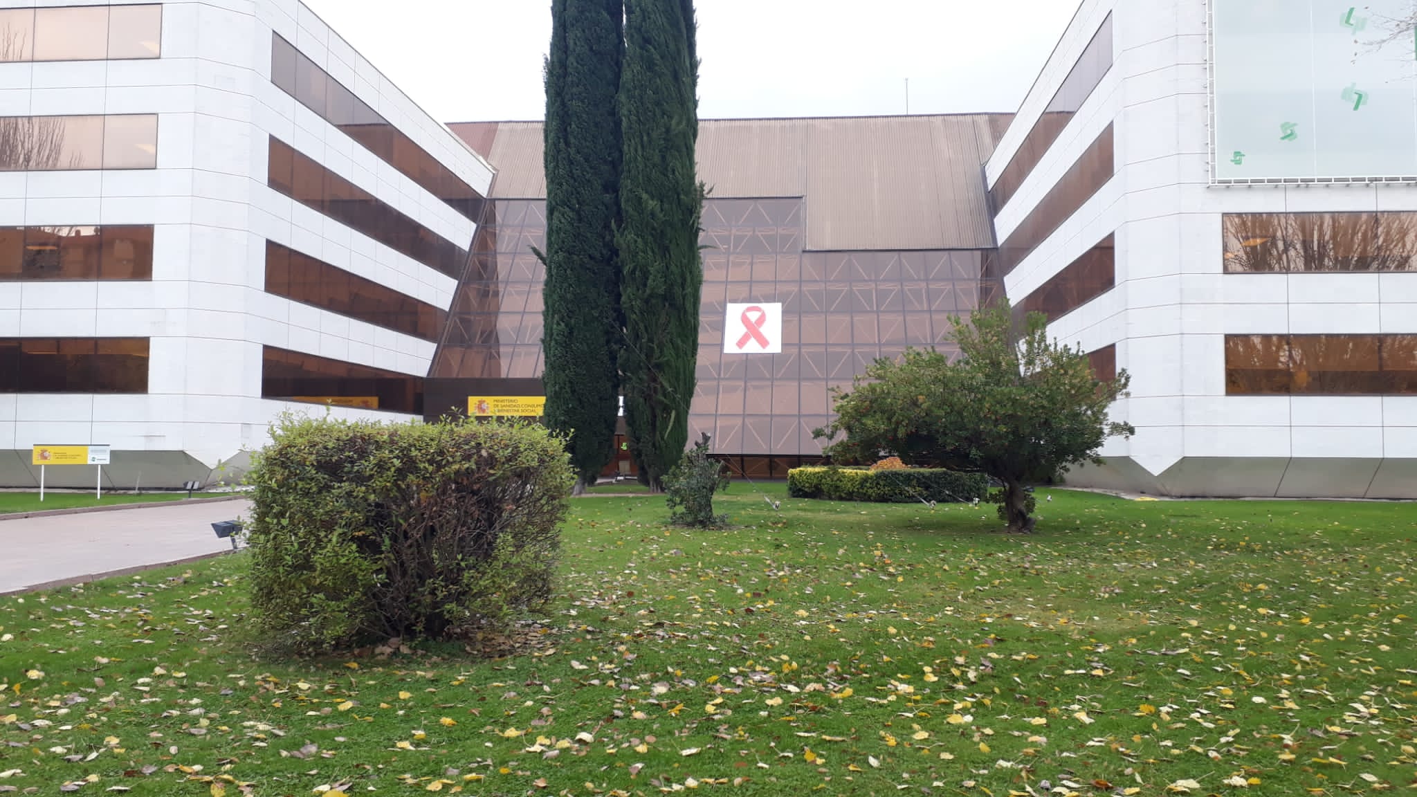 La fachada del edificio del Imserso con el lazo